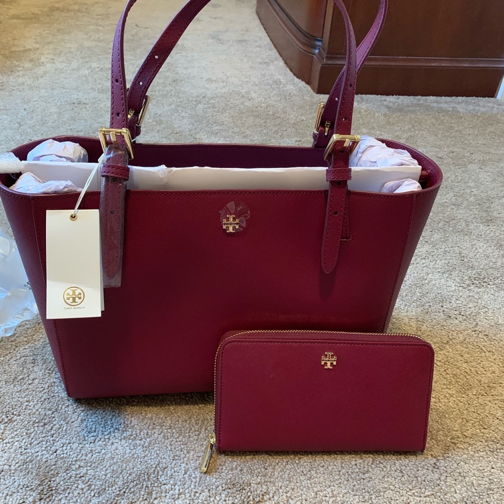 Tory Burch Maroon Emerson Small Tote and Wallet